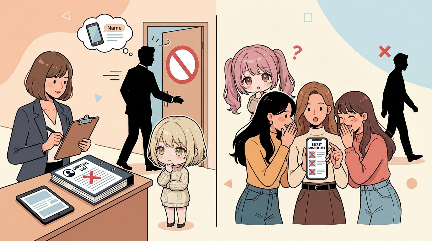 公式の書類リストと、スマートフォンに表示された非公式メモが並ぶイラスト。2種類の出禁リストの存在を視覚的に表現