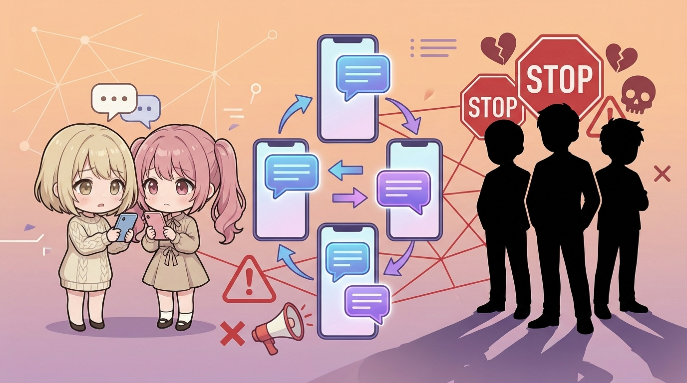 複数のスマートフォン画面がチャットメッセージのやりとりで繋がっている様子のイラスト。嬢やセラピスト間の情報共有ネットワークを表現