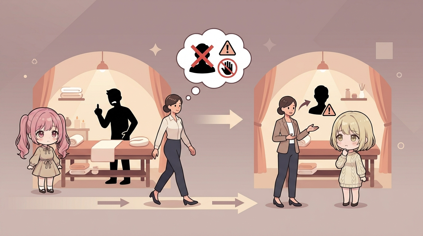 ビルAからビルBへ矢印で移動する女性のシルエットと、その移動に伴って情報アイコンも一緒に移る様子のイラスト