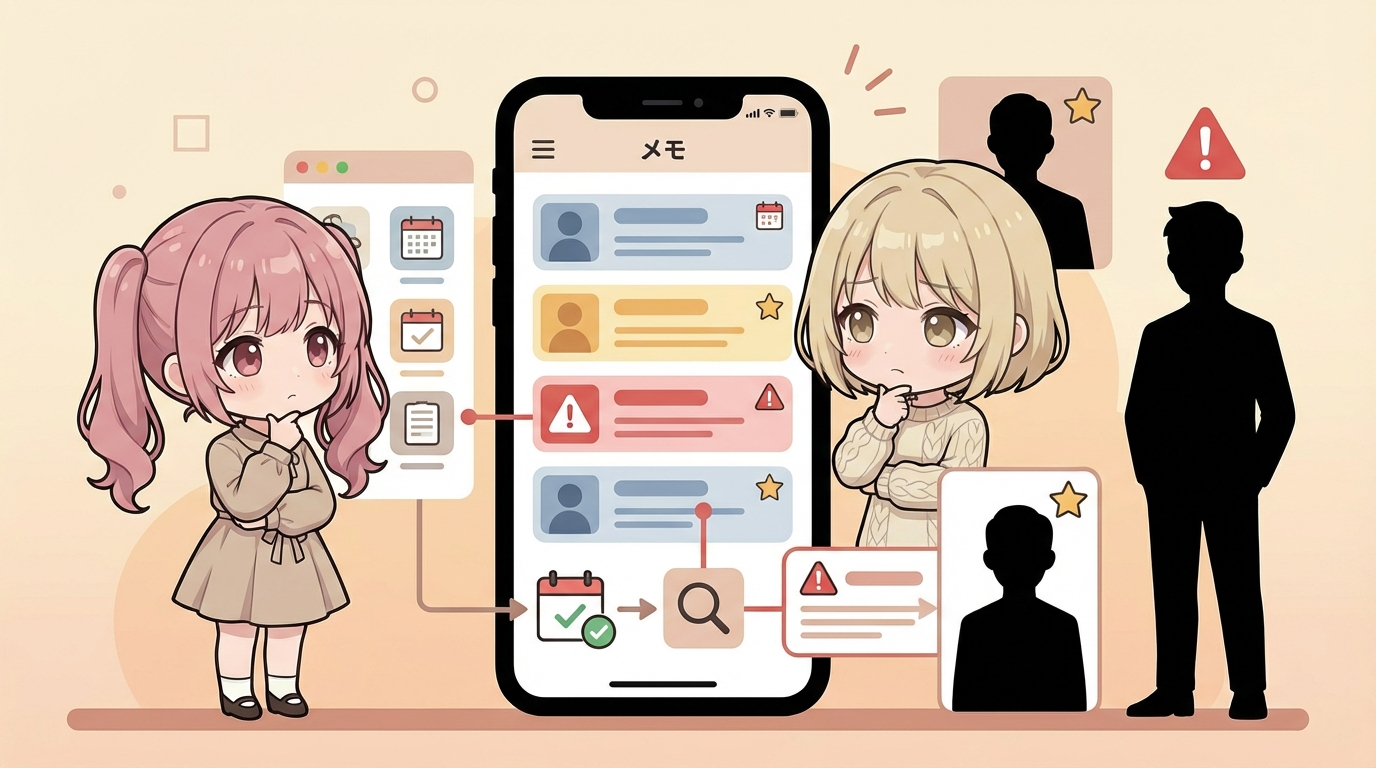 スマートフォンのメモアプリに顧客情報が記録されている画面のイラスト。名前・特徴・要注意マークが書かれたリスト