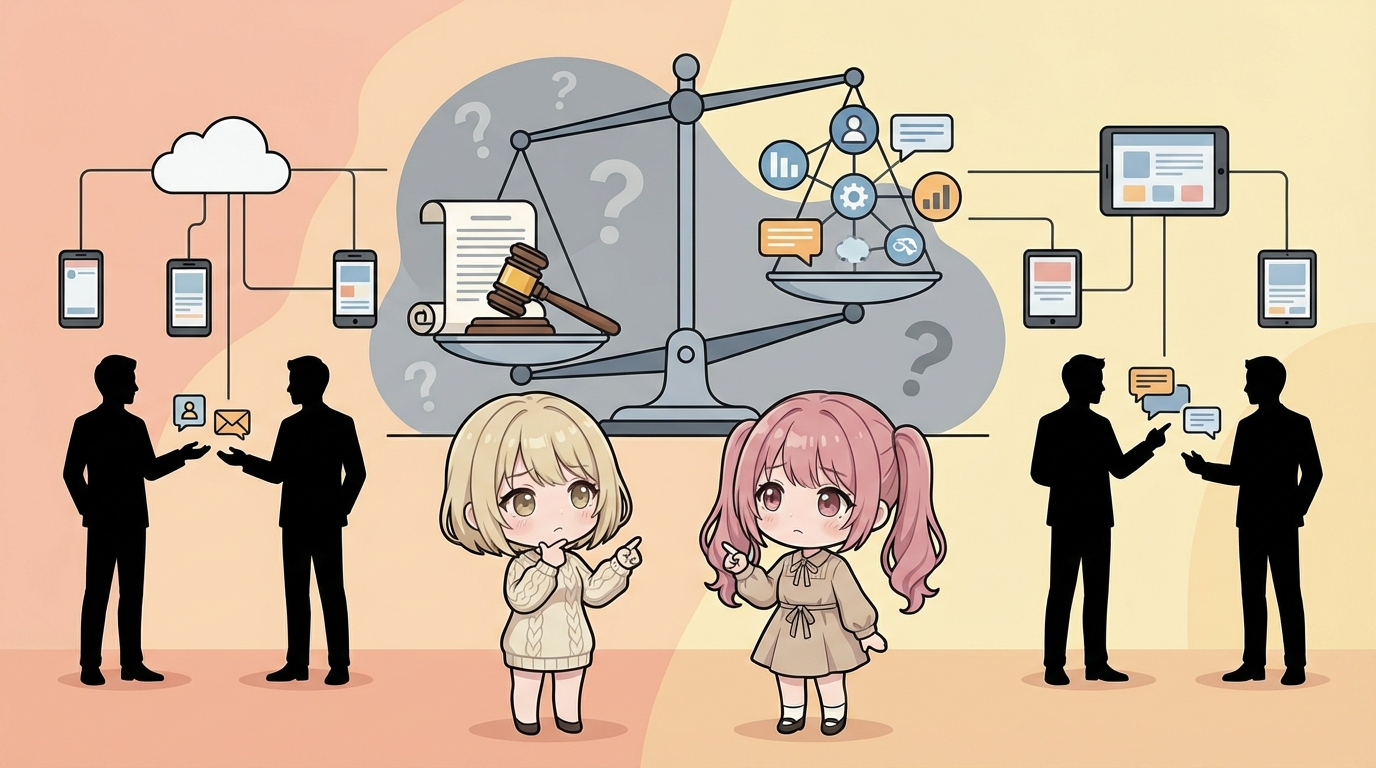 天秤のイラスト。片方に「安全を守る情報共有」、もう片方に「個人情報保護」が乗っている。法的なバランスを視覚的に表現