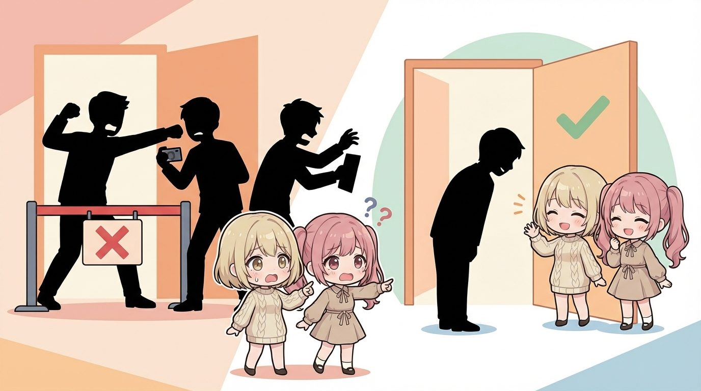 赤いラインで区切られた2つのエリアのイラスト。片方には「即出禁」の危険マーク、もう片方には「要注意」の黄色マーク。境界線を視覚化