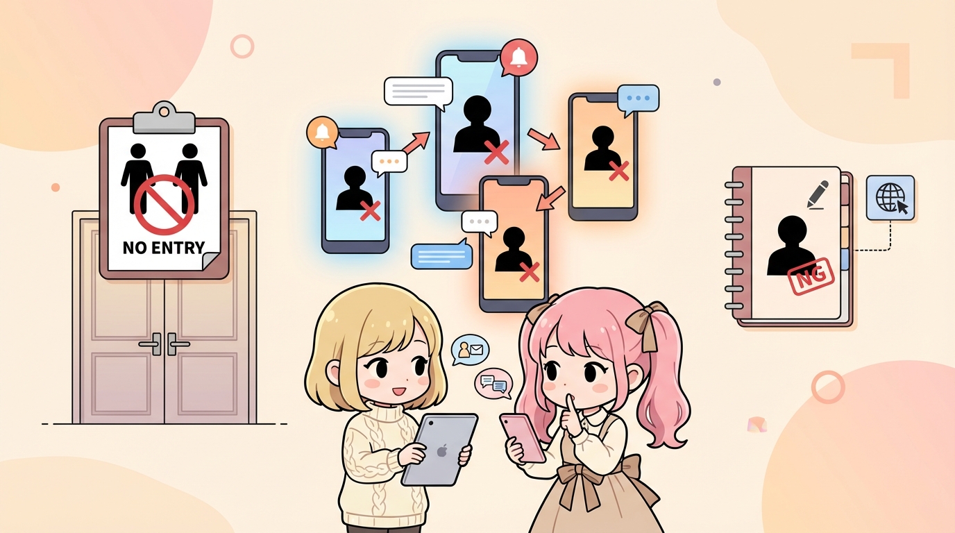 記事の要点アイコンが集まったまとめイラスト。リスト、スマートフォン、ネットワーク、天秤のシンボルが配置
