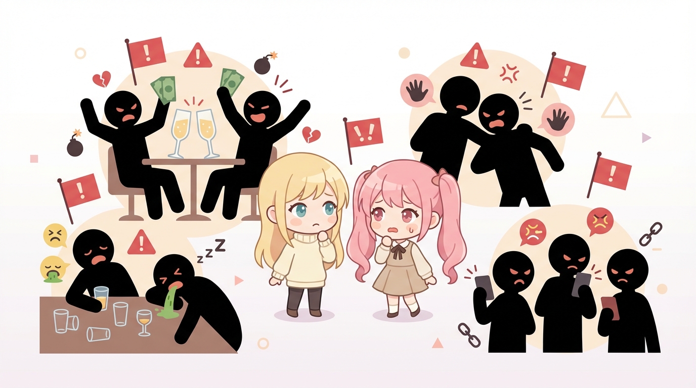 キャバ・メンエス・風俗・コンカフェの4つの業種を象徴するアイコンと、各業種で遭遇する地雷客の黒いシルエットが並んだイラスト