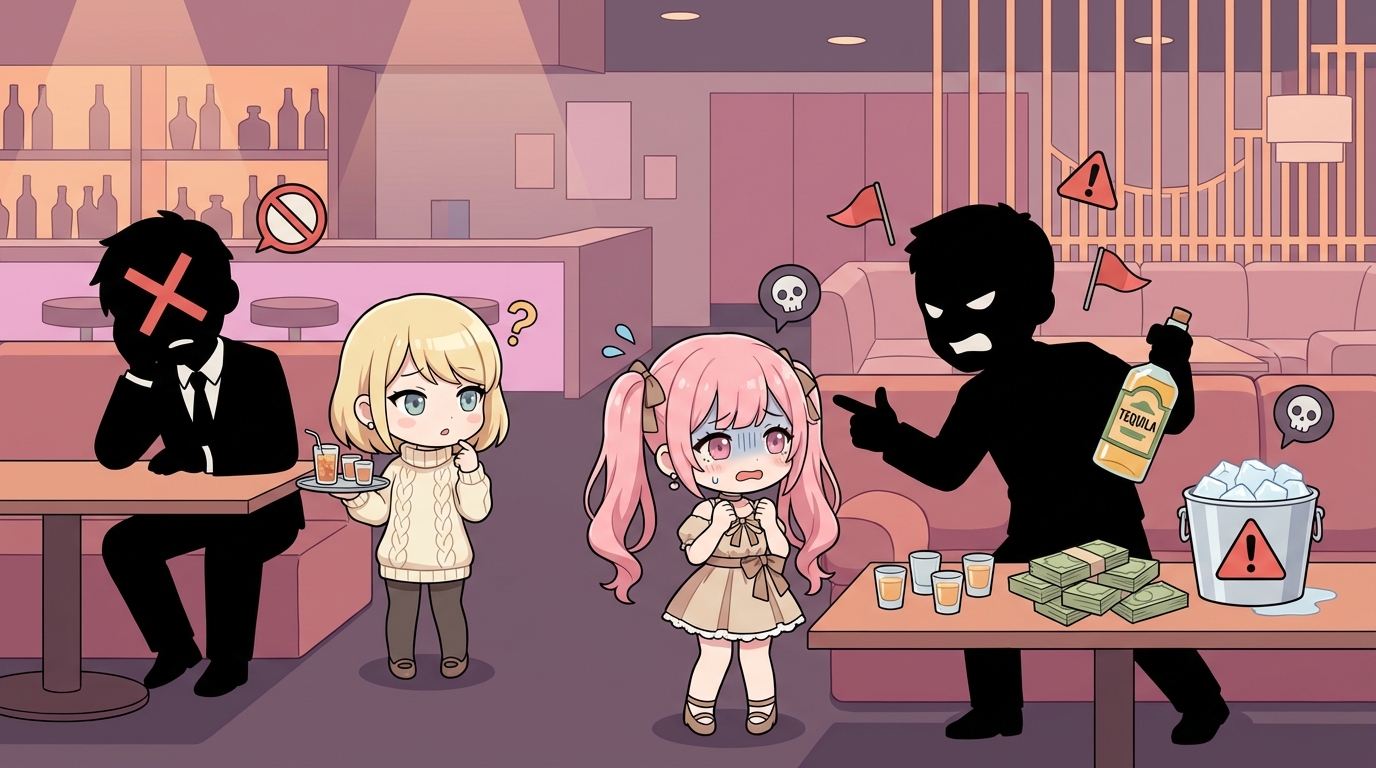 キャバクラのテーブルでシャンパングラスを前に、腕を組んで横柄な態度をとる男性の黒いシルエットと、困った表情の嬢のイラスト