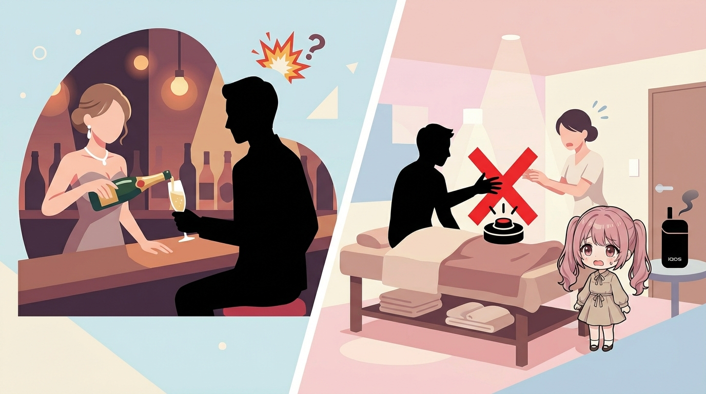 施術ベッドのある密室で、ルールを無視して手を伸ばす男性の黒いシルエットと、身を引くセラピストのイラスト