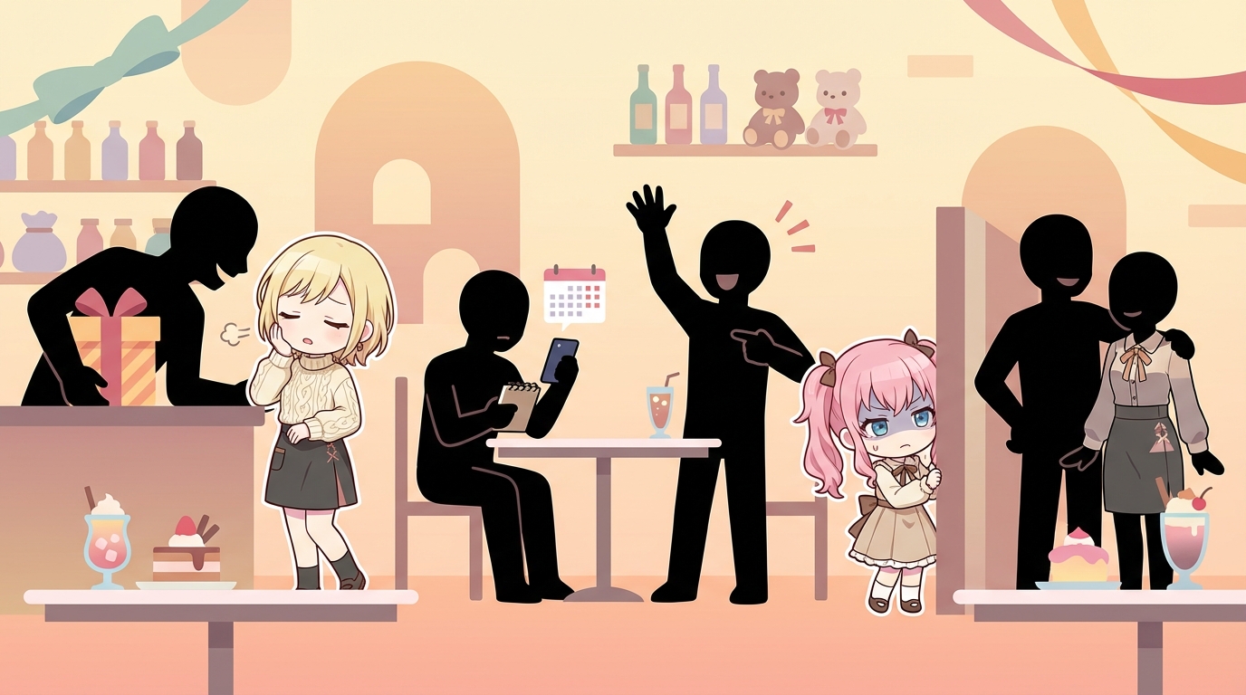 リボンや装飾で飾られたコンカフェ店内で、カウンター越しに身を乗り出す男性の黒いシルエットと、一歩引いたキャストのイラスト