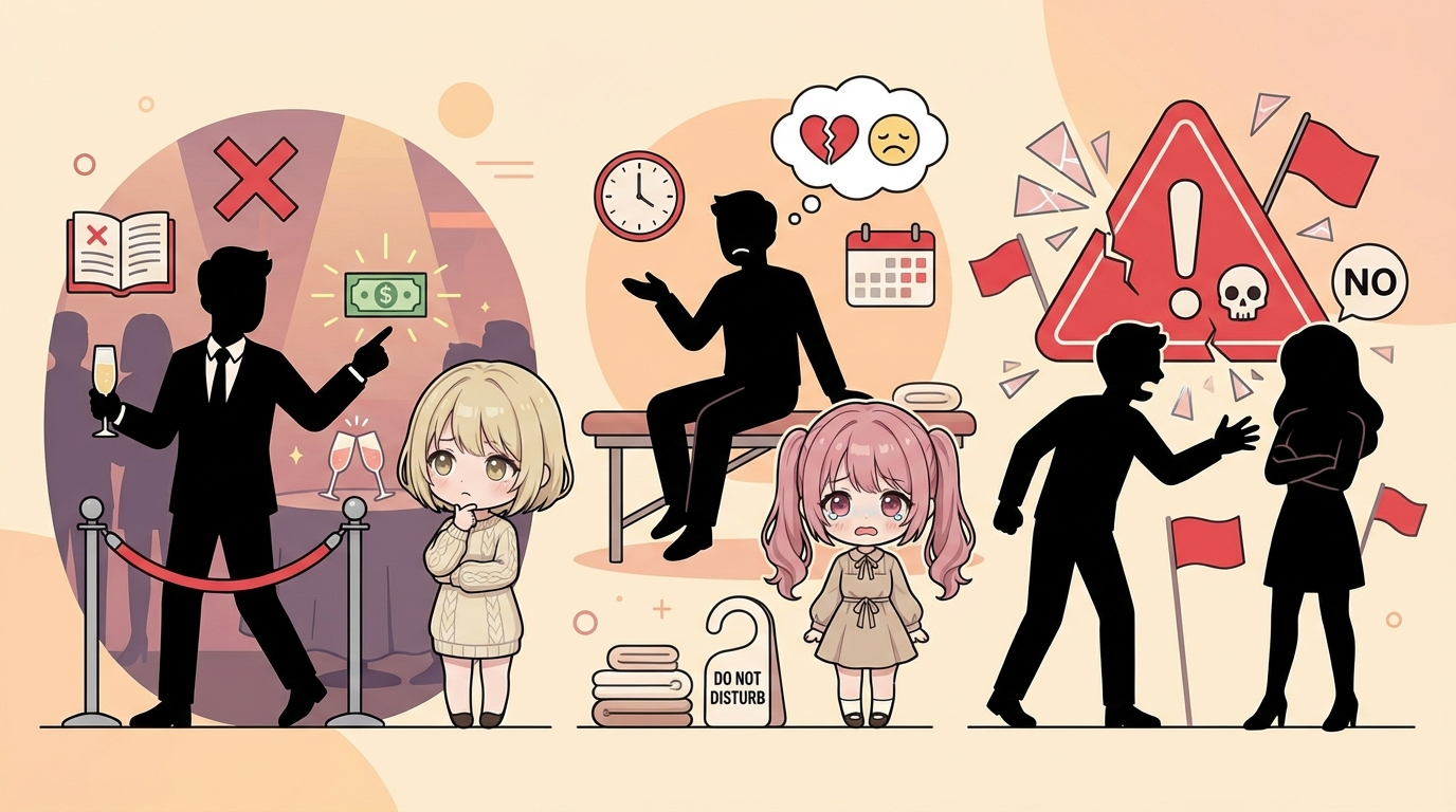 3つの赤い警告アイコンが並んだイラスト。「ルール無視」「人として見ない」「一回きり」の3つの地雷共通点を視覚的に表現