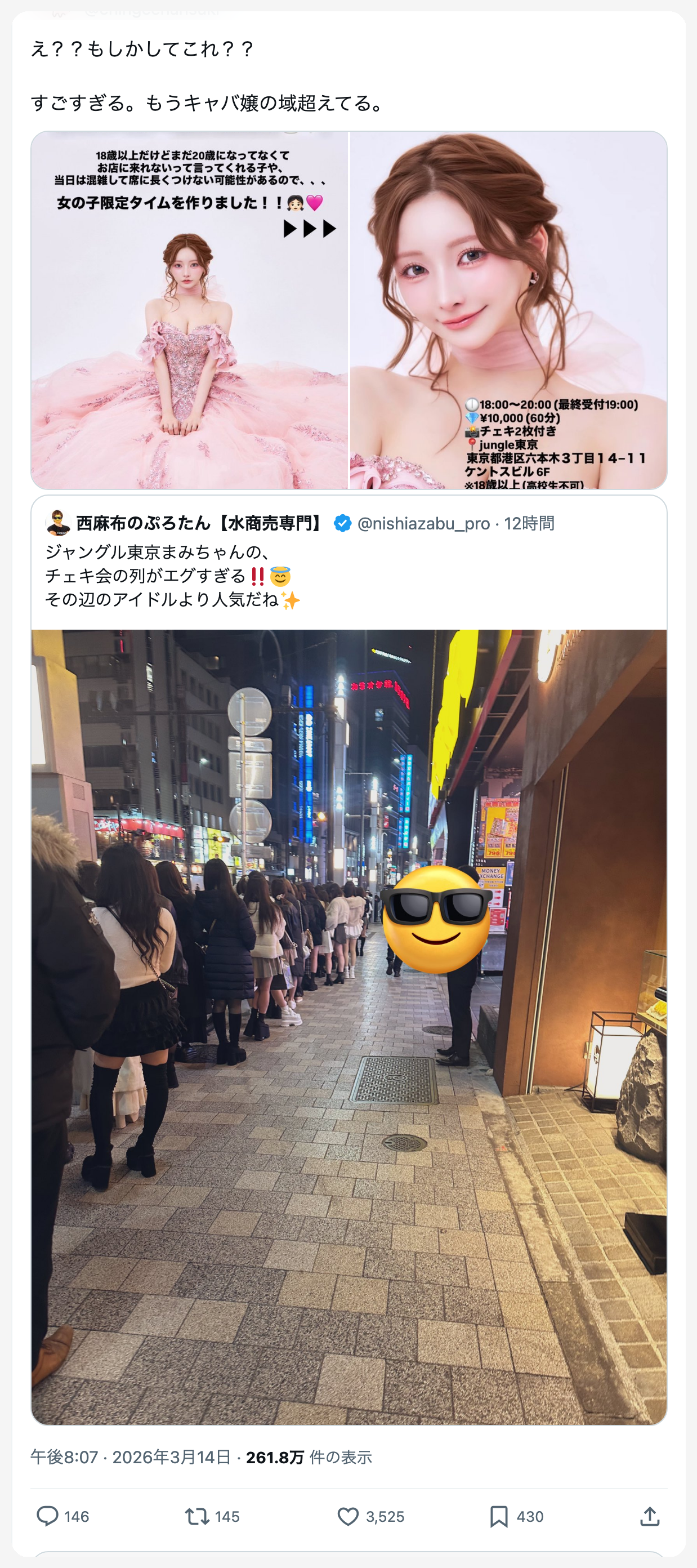 キャバ嬢の高級感のある写真とそれを褒めるコメントのスクリーンショット。「もうキャバ嬢の域超えてる」というコメントが付いている。